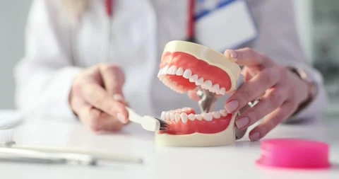 Hands of dentist demonstrate rules of brushing teeth in clinic Stock Footage 281094009