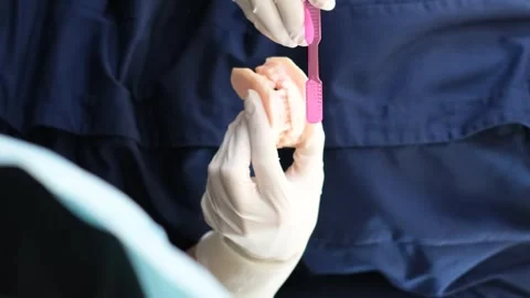 The hands of a dentist showing how to properly brush teeth on a mannequin of the Stock Footage 250128394