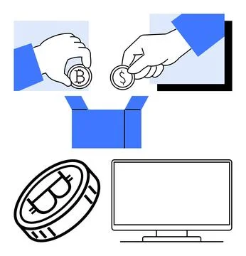 Hands Depositing Coins into Open Box with Bitcoin and Screen Emphasizing Di.. 스톡 일러스트