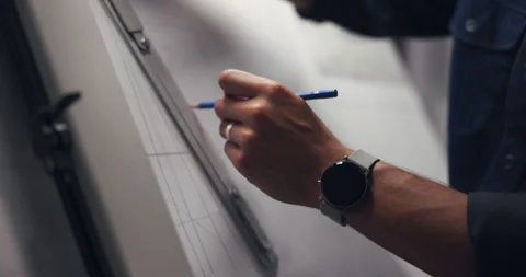 Hands, designer and drawing with ruler, board and lines for creativity, editing Stock Footage 303690805