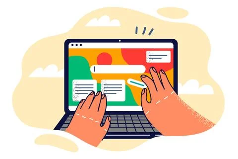 Hands of designer creating new website or software using Drag and Drop Ilustração Stock