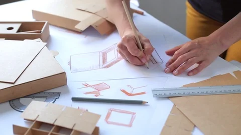 Hands designer draws a sketch of paper packaging. Stock-Footage 108487500