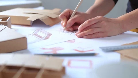 Hands designer draws a sketch of paper packaging.  Video stock 108487802