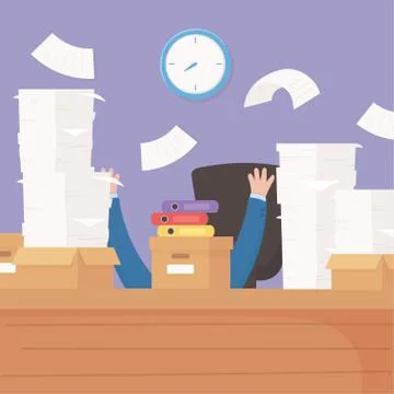 Hands desk and stack of work papers boxes stress Stock Illustration
