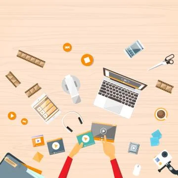 Hands Desk Laptop Watch Video Streaming Vector Illustrazione stock