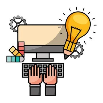 Hands with desktop computer and icons Stock Illustration