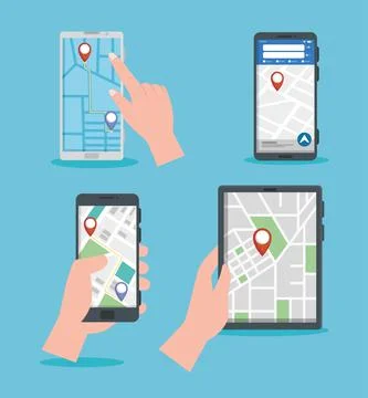 Hands with devices gps tech Stock Illustration