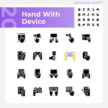 Hands with devices pixel perfect black glyph icons set on white space Illustrazione stock
