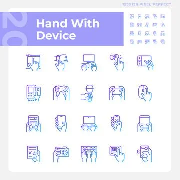 Hands with devices pixel perfect gradient linear vector icons set Stock Illustration