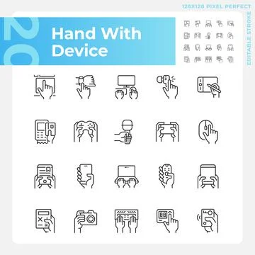 Hands with devices pixel perfect linear icons set Illustrazione stock