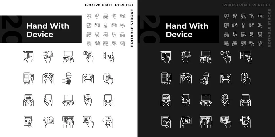 Hands with devices pixel perfect linear icons set for dark, light mode Illustrazione stock