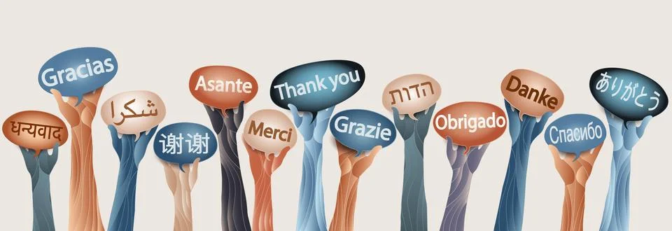 Hands different nations holding bubbles with text THANK YOU in various languages Stock Illustration