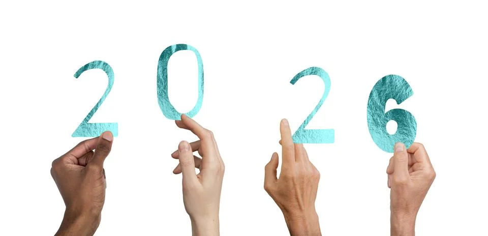 Hands of different people hold transformative teal-colored numbers forming 20 Stock Photos