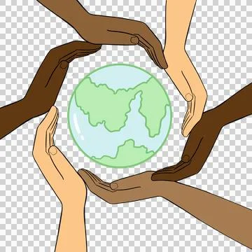 Hands of different races together to protect the environment of the world. Stock Illustration