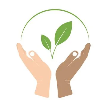 Hands of different skin colors hold green leaves. Stock Illustration
