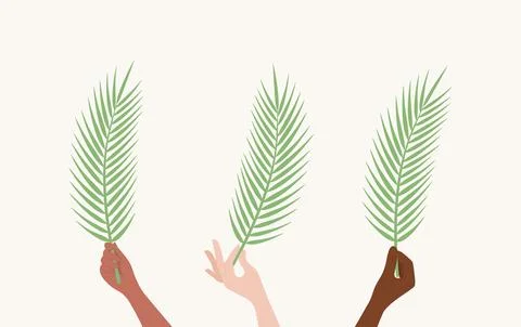 Hands with different skin tones holding palm branches up Stock Illustration