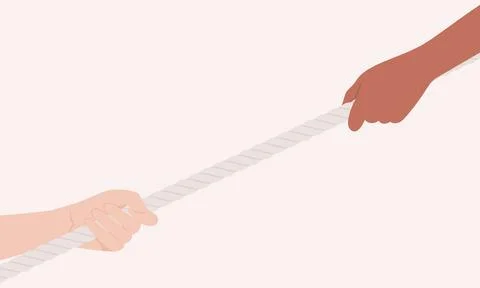 Hands of different skin tones pulling a rope in opposite diagonal directions Stock Illustration