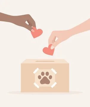 Hands of different skin tones putting hearts in an animal charity box Stock Illustration