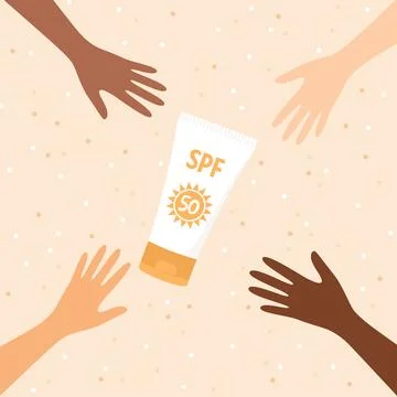 Hands of different skin tones reaching for sunscreen on sandy beach background Stock Illustration