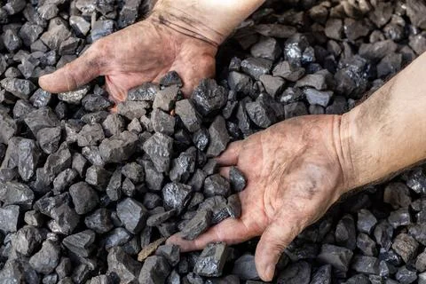 Hands digging into coal, industrial mining concept, coal prices,  Stock Photos