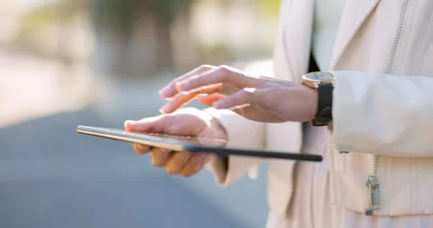 Hands, digital tablet or city woman with social media, internet or writing goal Stock Footage 206642195