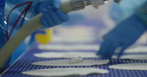 Hands dispensing herb cream onto flatbread on food production line, Static Shot Видео 340035657