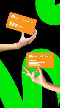 Hands display feedback cards with user ratings and icons against a bold black Stock Photos