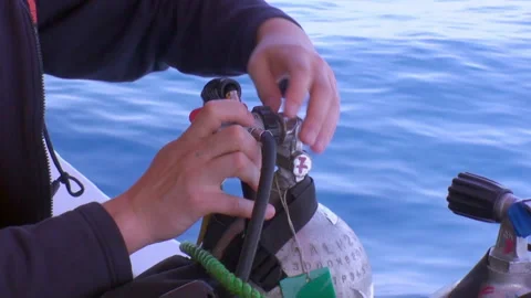 Hands of diver prepare scuba gear for diving on background of waves of ocean. Stock Footage 233514972