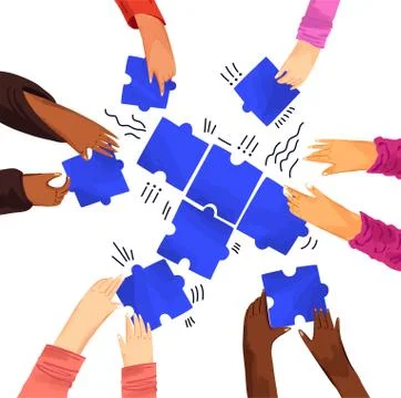 Hands of diverse people with puzzles vector illustration. Solving problems with Illustrazione stock
