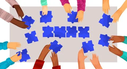 Hands of diverse people with puzzles vector illustration. Solving problems with Illustrazione stock