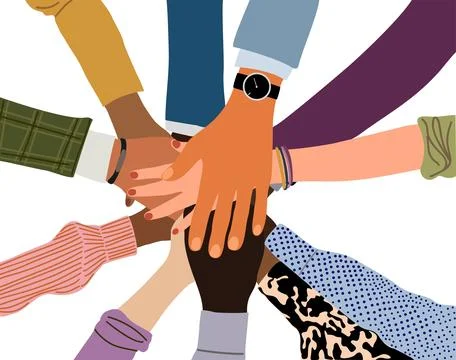 Hands of diverse people unity vector illustration. Illustrazione stock