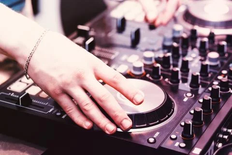 Hands on the DJ decks Stock Photos