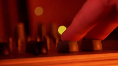 Hands of a DJ Man Working with a DJ Mixer Close-up Stockbeeldmateriaal 263440843