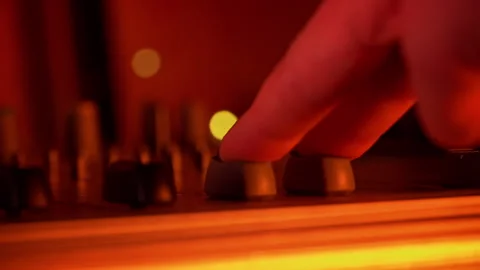 Hands of a DJ Man Working with a DJ Mixer Close-up Stock Footage 263760284
