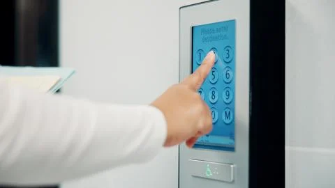 Hands, doctor and touchscreen panel for hospital elevator, secure entry and Stock Photos
