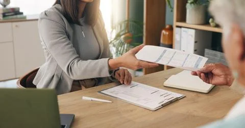 Hands, document or old couple with consultant in office, will contract or asset Stock Photos
