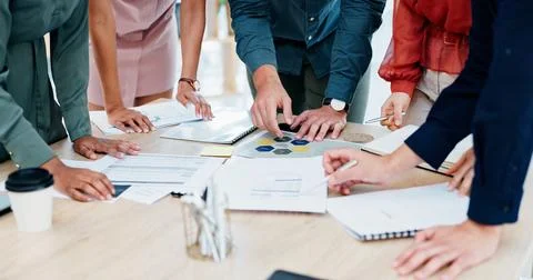 Hands, documents and meeting with team for planning, business schedule or Stock Photos