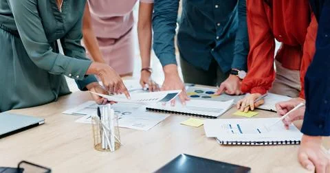 Hands, documents and meeting with team for business schedule, planning or Stock Photos
