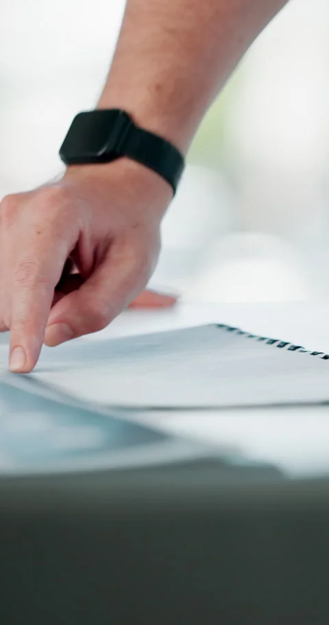 Hands, documents and tablet with charts at office, review and problem solving Stock Footage 327693932