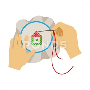To Hands Doing Cross-Stitching Needlework, Elementary School Art Class Vector Stock Illustration