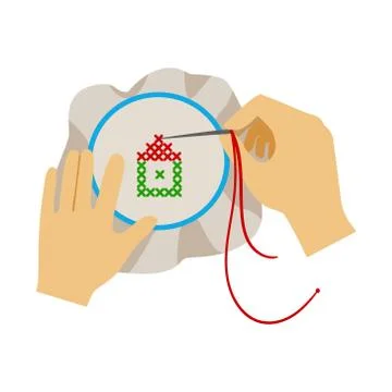 To Hands Doing Cross-Stitching Needlework, Elementary School Art Class Vector Stock Illustration