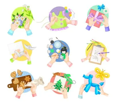 Hands Doing Handmade Crafts Paper Folding, Drawing and Balloon Modelling Vector Stock Illustration