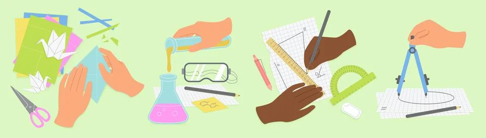 Hands Doing School Science and Math Activities Stock Illustration