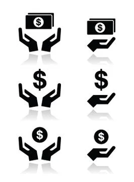 Hands with dollar banknote, coin vector icons set Stock Illustration