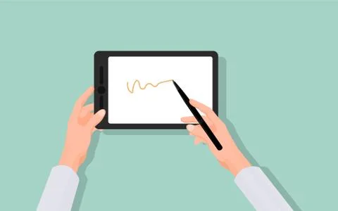 Hands draw in graphics tablet. Modern gadget for drawing and writing stylish Stock Illustration