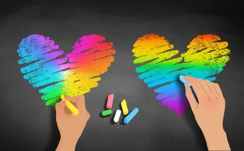 Hands drawing rainbow colored hearts Stock Illustration