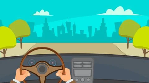 Hands Driving Car Vector. City Traffic Jam. Urban Background. Flat Illustration Stock Illustration