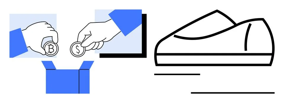 Hands dropping coins into a box next to the outline of a modern shoe design Stockillustratie