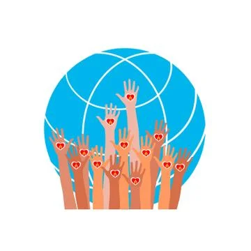 Hands on earth background, people of the world hold candles. flat stickers Stock Illustration