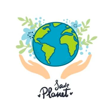 Hands with earth holding the globe, flat vector sticker, poster, etc. Save th Stock Illustration